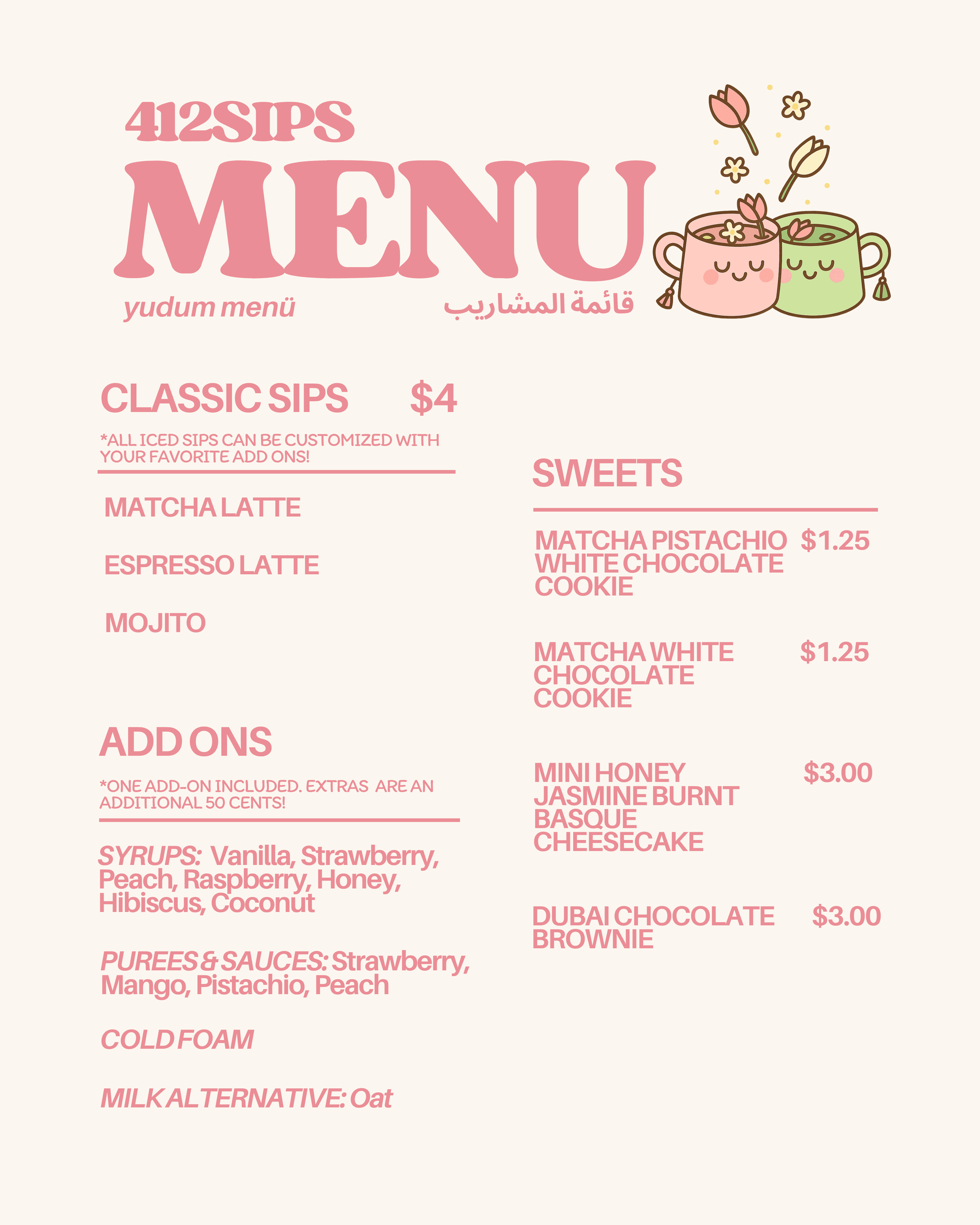 412Sips classic sips, add-ons, and sweets menu