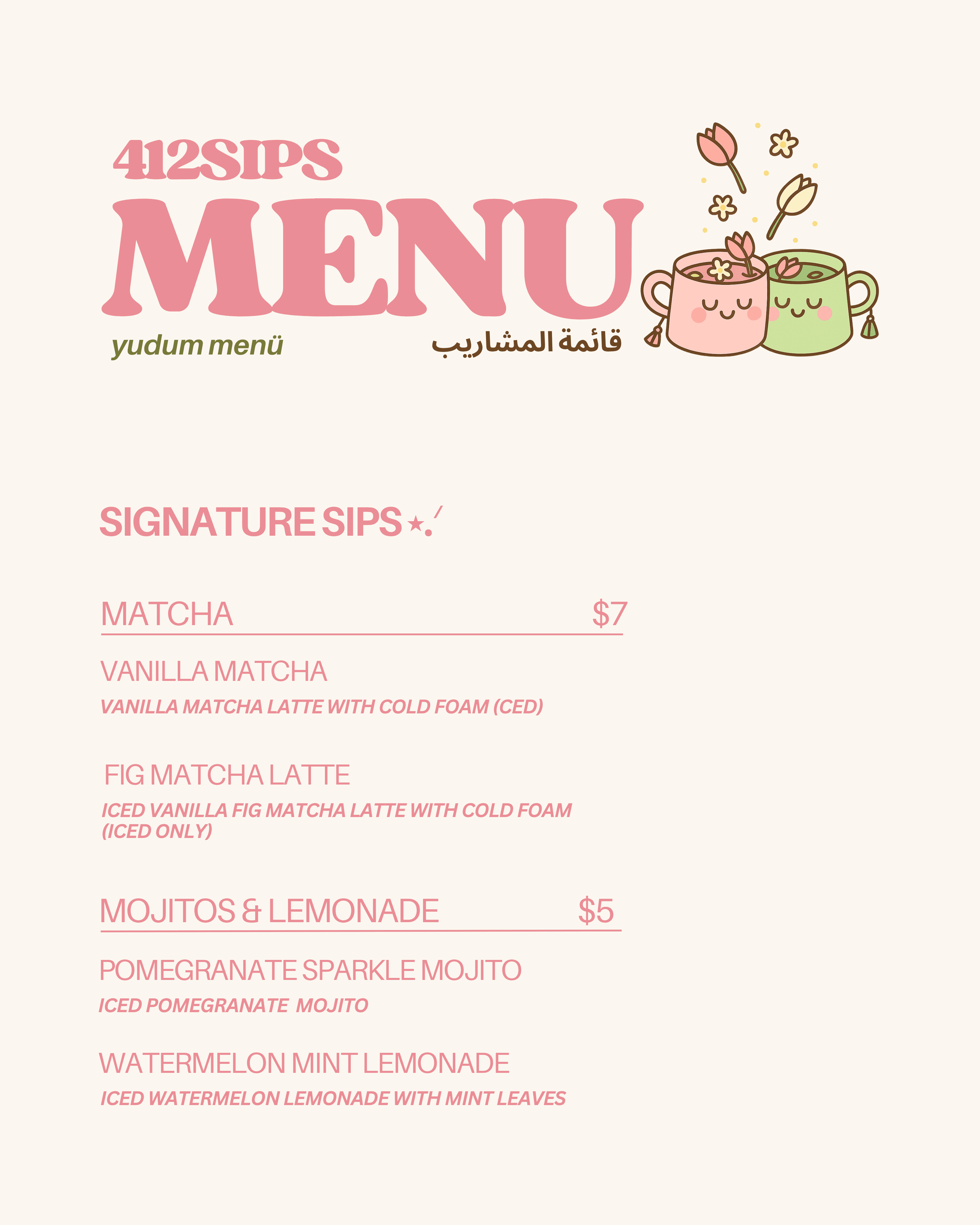 412Sips signature sips menu with matcha and mojito drinks