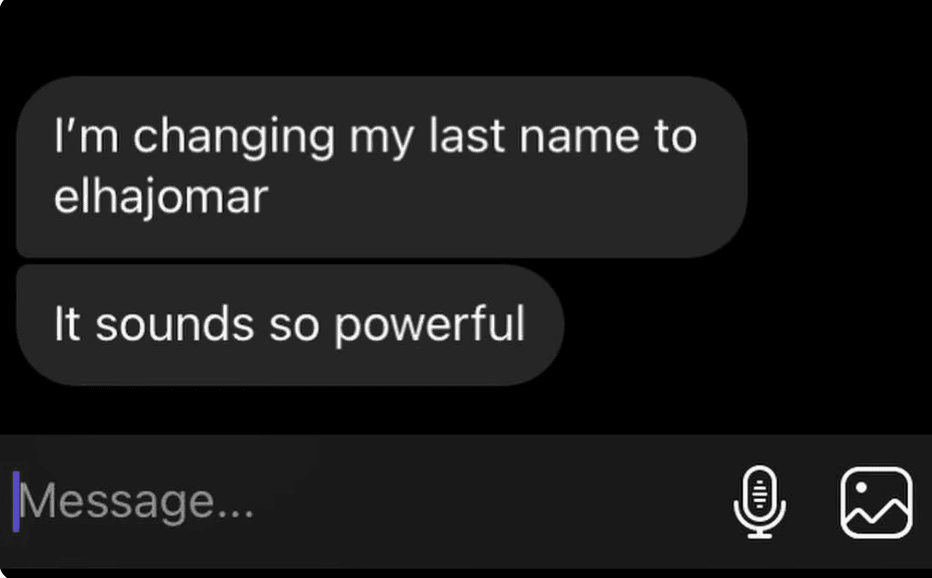 Text message conversation about changing a last name to elhajomar