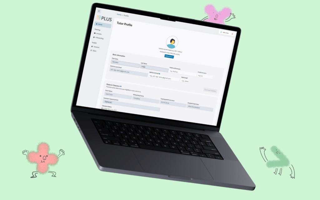 PLUS tutor profile on a laptop mockup with playful illustrated characters on a mint green background