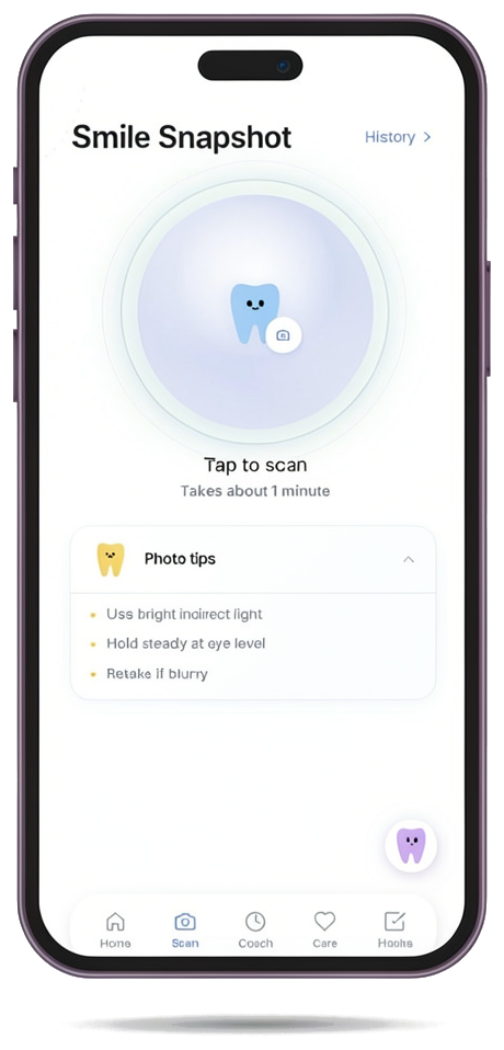 JustSmile Smile Snapshot screen on iPhone showing tap-to-scan interface and photo tips