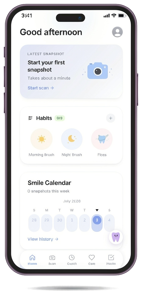 JustSmile home screen on iPhone showing latest snapshot, daily habits, and Smile Calendar