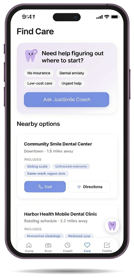 JustSmile Find Care screen on iPhone showing care navigation, nearby options, and Smile Coach