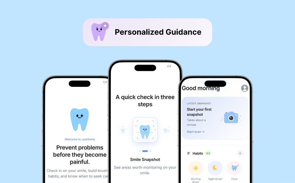 JustSmile app mockup with Personalized Guidance badge and three phone screens showing onboarding, Smile Snapshot, and habit tracking on a blue background