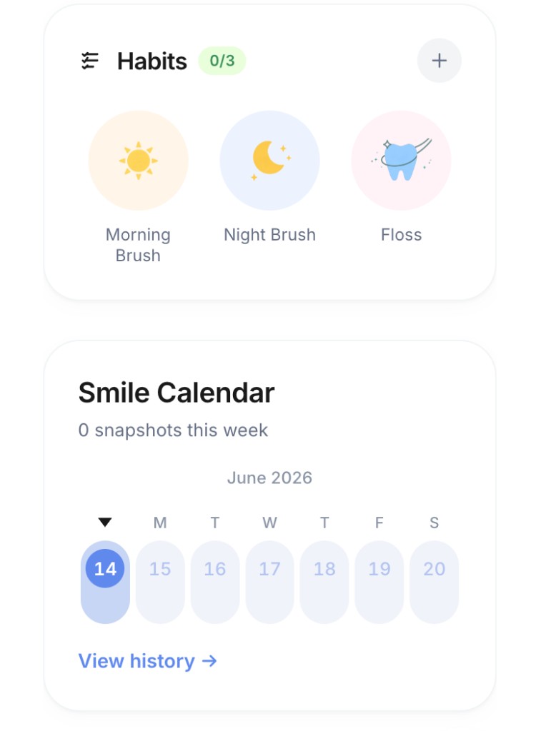 JustSmile home screen showing daily habit cards for Morning Brush, Night Brush, and Floss, plus the Smile Calendar snapshot tracker